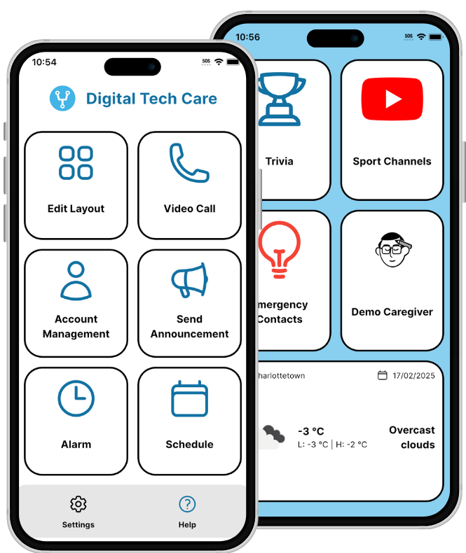 Two phones displaying the senior and caregiver apps